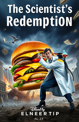 A dramatic scene featuring a scientist dressed in a lab coat engaged in an epic battle against a colossal burger and a determined penguin, set in a chaotic cityscape with buildings collapsing in the background