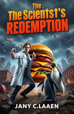 A dramatic scene featuring a scientist dressed in a lab coat engaged in an epic battle against a colossal burger and a determined penguin, set in a chaotic cityscape with buildings collapsing in the background