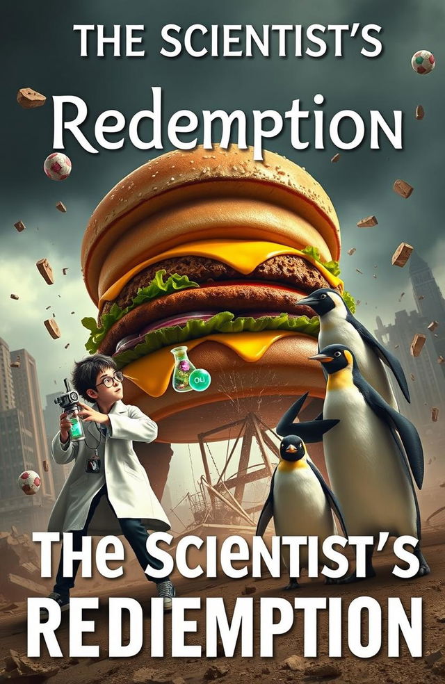 A dramatic scene featuring a scientist dressed in a lab coat engaged in an epic battle against a colossal burger and a determined penguin, set in a chaotic cityscape with buildings collapsing in the background