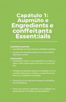 Introdução

Capítulo 1: Equipamentos e Ingredientes Essenciais

Lista de utensílios básicos para confeitaria
Ingredientes essenciais
Importância de cada ingrediente e como ele afeta a textura e o sabor do bolo
Dicas para escolher ingredientes de qualidade