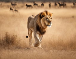 Advertisement featuring a photorealistic image of a lion stalking gazelles on the African savannah, captured through a 200mm lens