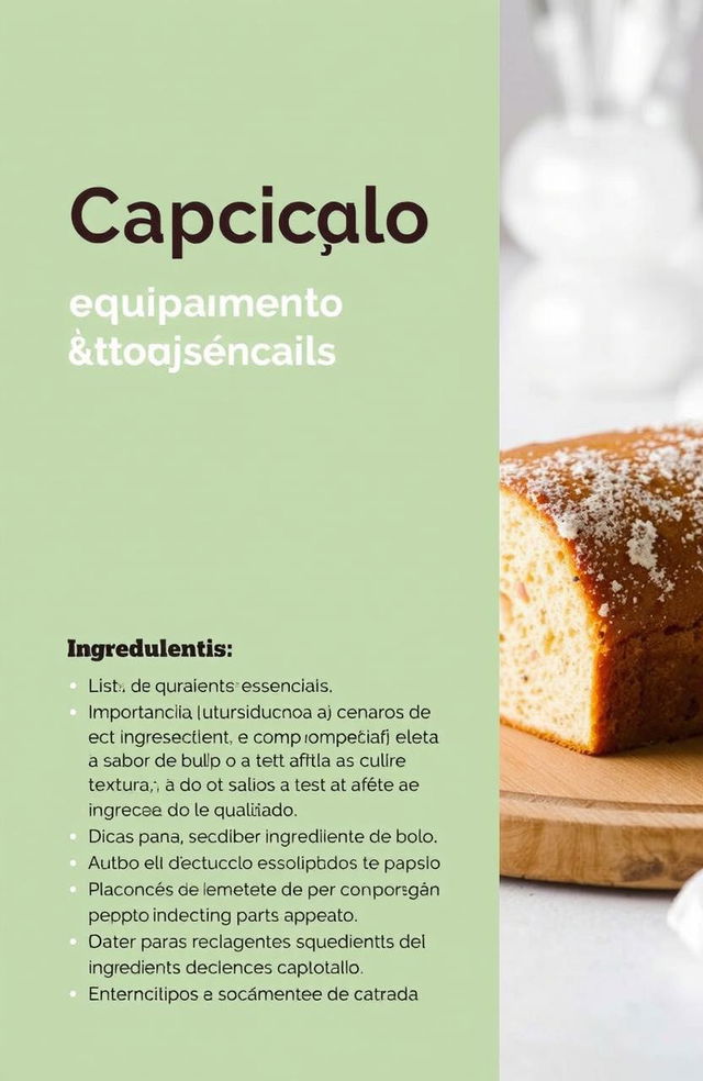 Introdução

Capítulo 1: Equipamentos e Ingredientes Essenciais

Lista de utensílios básicos para confeitaria
Ingredientes essenciais
Importância de cada ingrediente e como ele afeta a textura e o sabor do bolo
Dicas para escolher ingredientes de qualidade