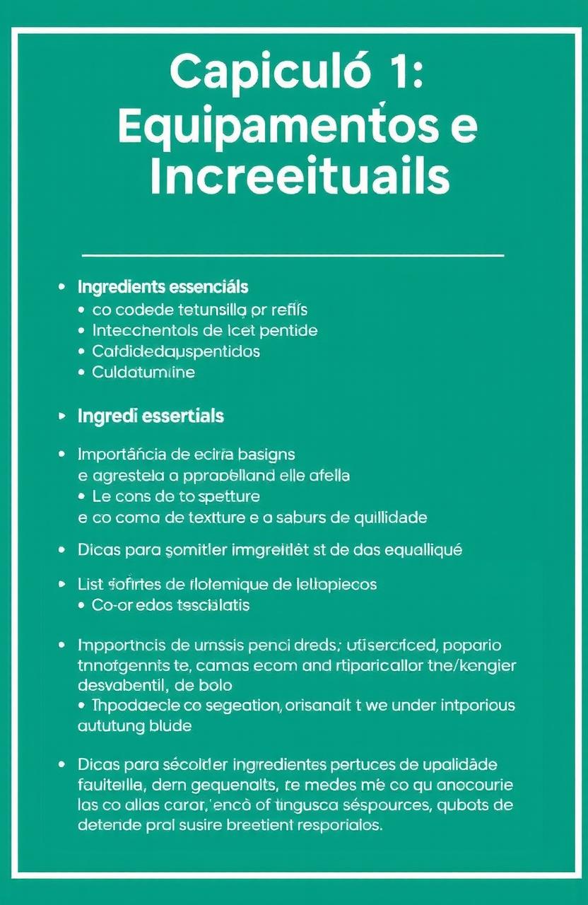 Introdução

Capítulo 1: Equipamentos e Ingredientes Essenciais

Lista de utensílios básicos para confeitaria
Ingredientes essenciais
Importância de cada ingrediente e como ele afeta a textura e o sabor do bolo
Dicas para escolher ingredientes de qualidade