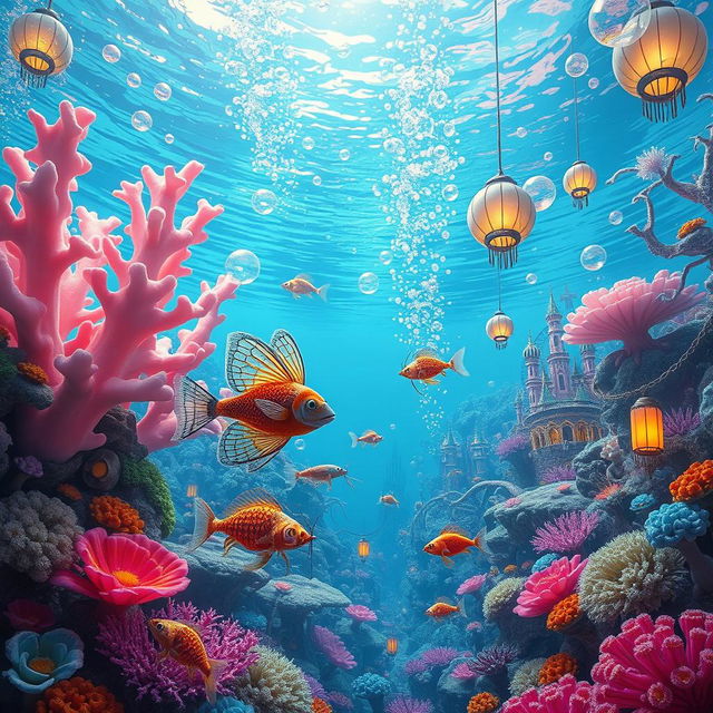 A surreal underwater world bursting with vibrant colors and otherworldly creatures