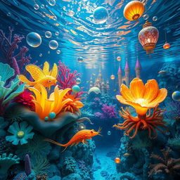 A surreal underwater world bursting with vibrant colors and otherworldly creatures