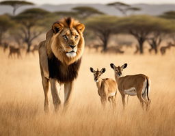 Advertisement featuring a photorealistic image of a lion stalking gazelles on the African savannah, captured through a 200mm lens