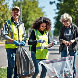 A community scene depicting three people actively picking up trash from a street