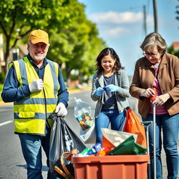 A community scene depicting three people actively picking up trash from a street