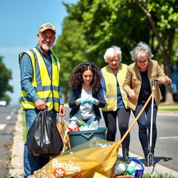 A community scene depicting three people actively picking up trash from a street