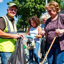 A community scene depicting three people actively picking up trash from a street