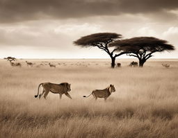 Advertisement featuring a photorealistic image of a lion stalking gazelles on the African savannah, captured through a 200mm lens