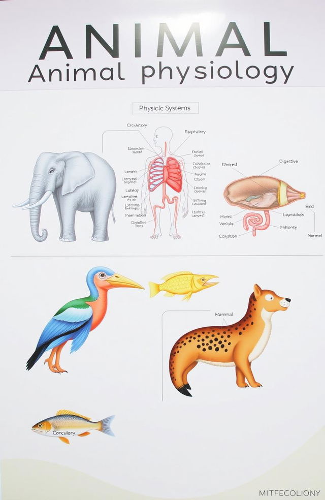 An educational and detailed visual representation of animal physiology, showcasing various physiological systems of different animals, including a diagram with labeled parts of the circulatory, respiratory, and digestive systems