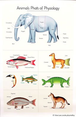 An educational and detailed visual representation of animal physiology, showcasing various physiological systems of different animals, including a diagram with labeled parts of the circulatory, respiratory, and digestive systems