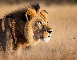 Advertisement featuring a photorealistic image of a lion stalking gazelles on the African savannah, captured through a 200mm lens