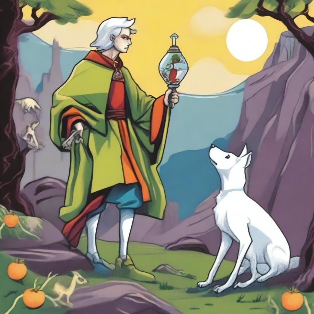 A vibrant spring-colored reimagining of The Fool Tarot card in Lowbrow style, with a male witch as the main character and a tiny white dog at his feet