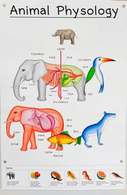 An educational and detailed visual representation of animal physiology, showcasing various physiological systems of different animals, including a diagram with labeled parts of the circulatory, respiratory, and digestive systems