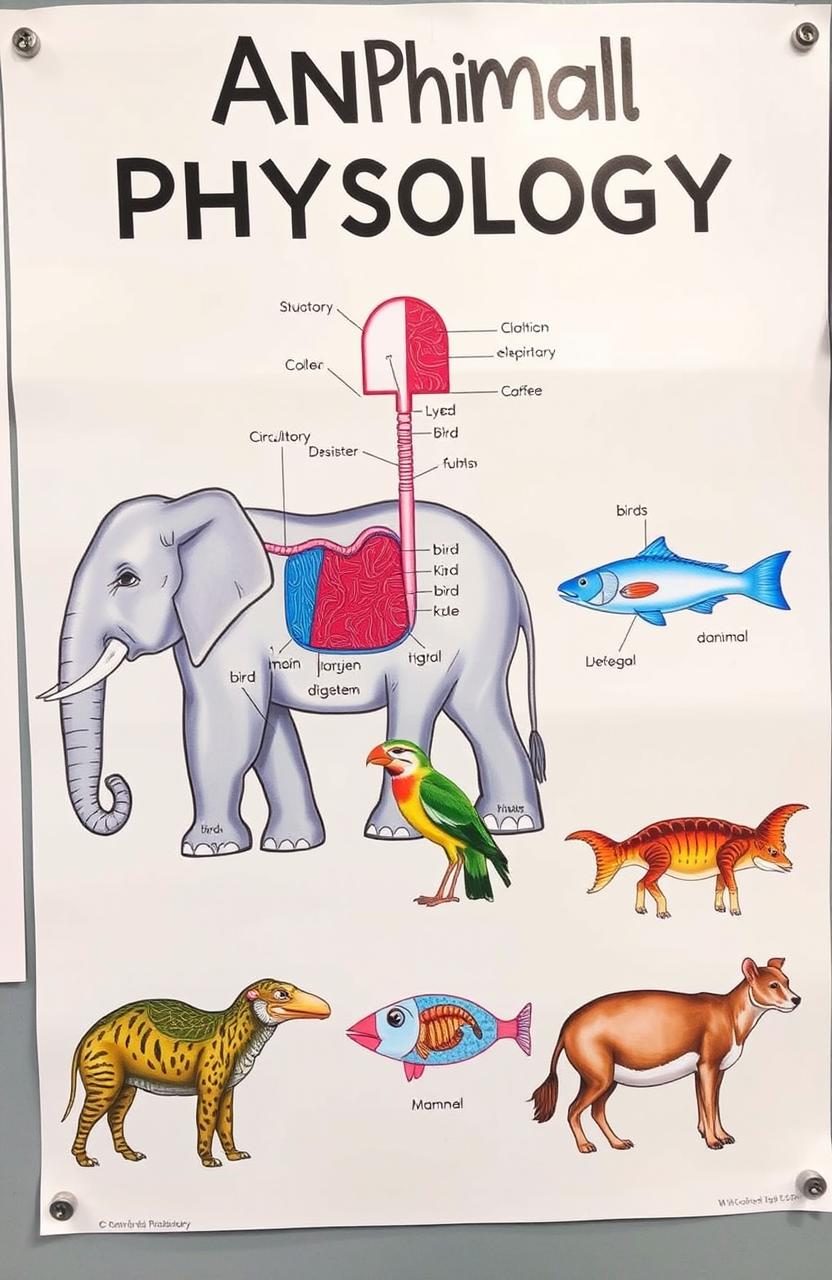 An educational and detailed visual representation of animal physiology, showcasing various physiological systems of different animals, including a diagram with labeled parts of the circulatory, respiratory, and digestive systems