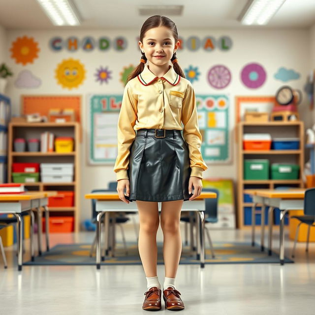 A full-figure portrayal of a young female student in a unique latex school uniform featuring long latex sleeves on a fitted shirt and a stylish latex mini skirt