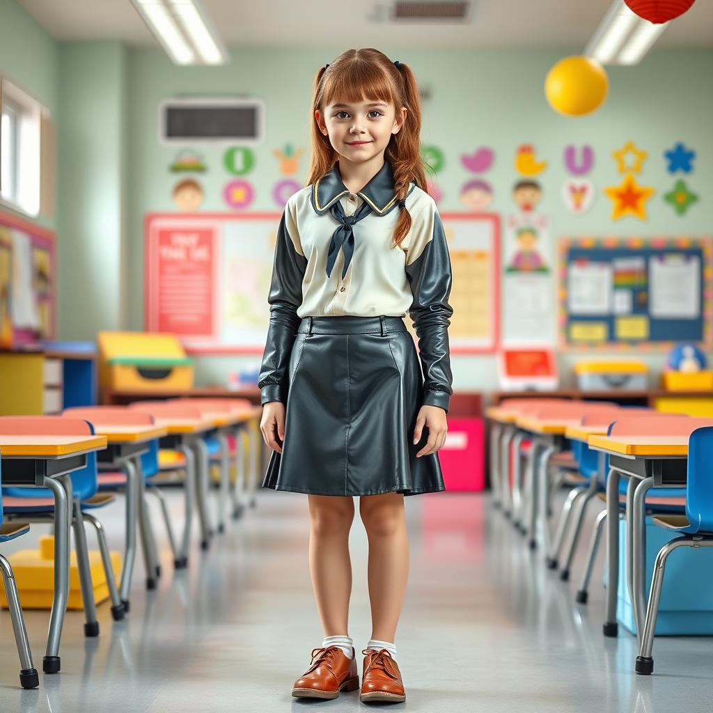 A full-figure portrayal of a young female student in a unique latex school uniform featuring long latex sleeves on a fitted shirt and a stylish latex mini skirt