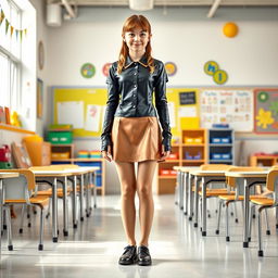 A full-figure portrayal of a young female student in a unique latex school uniform featuring long latex sleeves on a fitted shirt and a stylish latex mini skirt