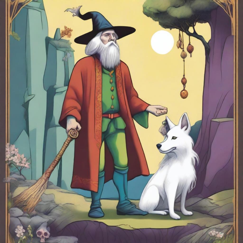 A vibrant spring-colored reimagining of The Fool Tarot card in Lowbrow style, with a male witch as the main character and a tiny white dog at his feet