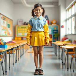 A full-figure portrayal of a young female student in a creative latex school uniform featuring long latex sleeves on a fitted shirt and a stylish latex mini skirt