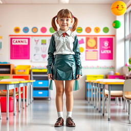 A full-figure portrayal of a young female student in a creative latex school uniform featuring long latex sleeves on a fitted shirt and a stylish latex mini skirt