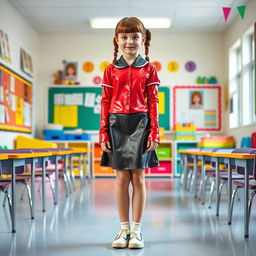 A full-figure portrayal of a young female student in a creative latex school uniform featuring long latex sleeves on a fitted shirt and a stylish latex mini skirt