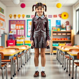 A full-figure portrayal of a young female student in a creative latex school uniform featuring long latex sleeves on a fitted shirt and a stylish latex mini skirt