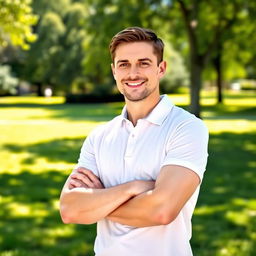 A confident man wearing a crisp white polo shirt, standing casually with his arms crossed