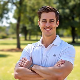 A confident man wearing a crisp white polo shirt, standing casually with his arms crossed