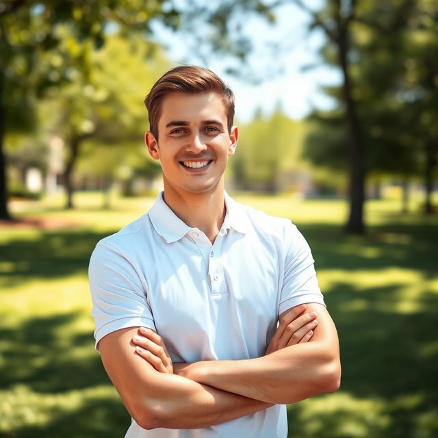 A confident man wearing a crisp white polo shirt, standing casually with his arms crossed