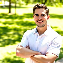 A confident man wearing a crisp white polo shirt, standing casually with his arms crossed
