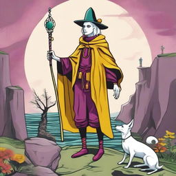 A vibrant spring-colored reimagining of The Fool Tarot card in Lowbrow style, with a male witch as the main character and a tiny white dog at his feet