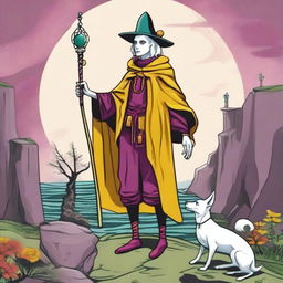 A vibrant spring-colored reimagining of The Fool Tarot card in Lowbrow style, with a male witch as the main character and a tiny white dog at his feet