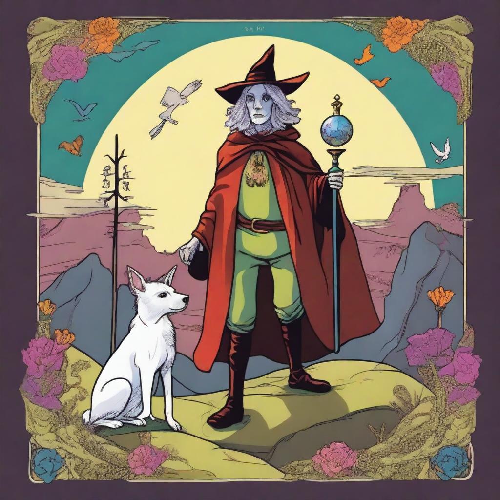 A vibrant spring-colored reimagining of The Fool Tarot card in Lowbrow style, with a male witch as the main character and a tiny white dog at his feet