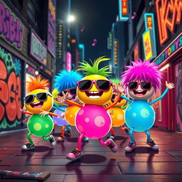 A colorful, energetic scene featuring whimsical characters known as Skibidi Balls, anthropomorphic with oversized heads and vibrant colors