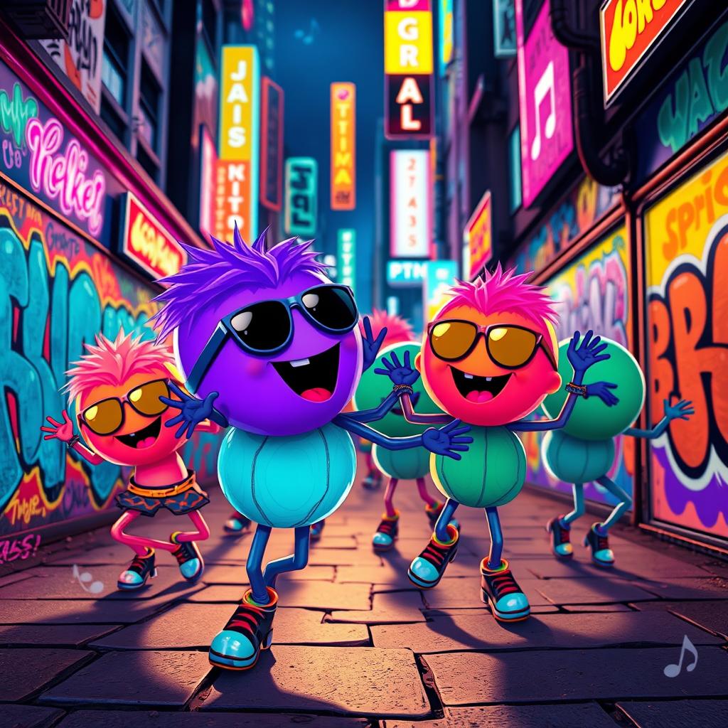 A colorful, energetic scene featuring whimsical characters known as Skibidi Balls, anthropomorphic with oversized heads and vibrant colors