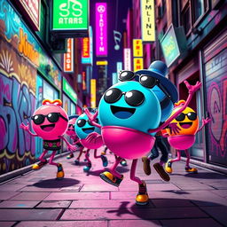 A colorful, energetic scene featuring whimsical characters known as Skibidi Balls, anthropomorphic with oversized heads and vibrant colors