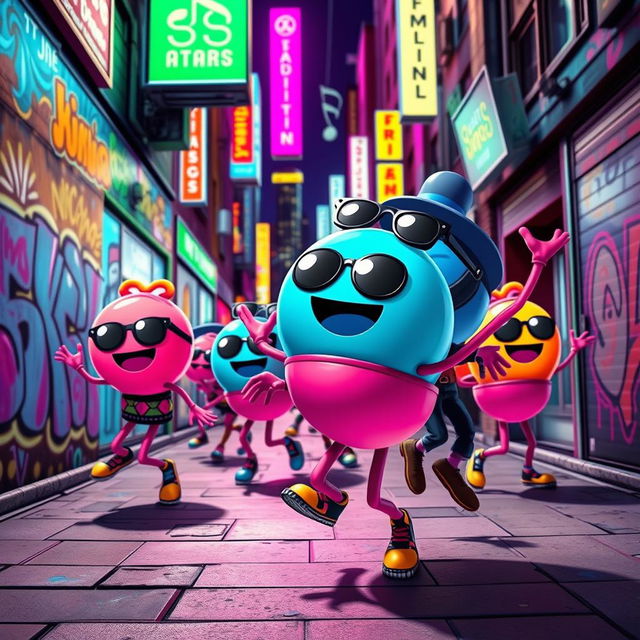 A colorful, energetic scene featuring whimsical characters known as Skibidi Balls, anthropomorphic with oversized heads and vibrant colors