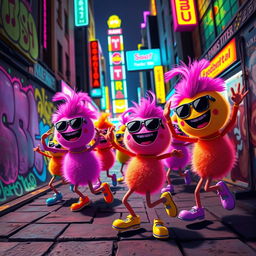 A colorful, energetic scene featuring whimsical characters known as Skibidi Balls, anthropomorphic with oversized heads and vibrant colors