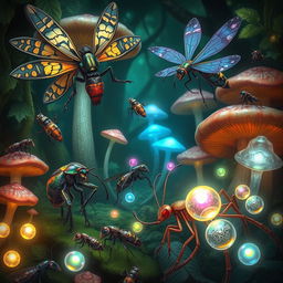 An enchanting scene featuring an array of weird fantasy insects, each exhibiting extraordinary designs and vibrant colors
