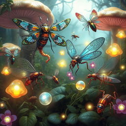 An enchanting scene featuring an array of weird fantasy insects, each exhibiting extraordinary designs and vibrant colors