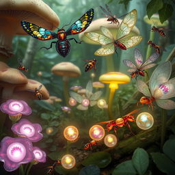 An enchanting scene featuring an array of weird fantasy insects, each exhibiting extraordinary designs and vibrant colors