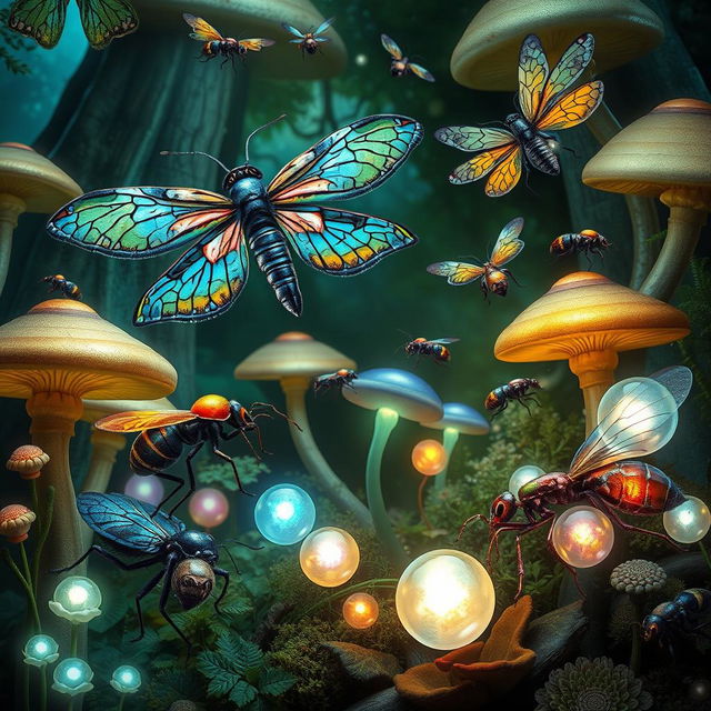 An enchanting scene featuring an array of weird fantasy insects, each exhibiting extraordinary designs and vibrant colors