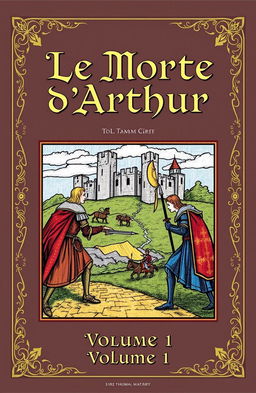A book cover design for 'Le Morte d'Arthur: Volume 1' by Sir Thomas Malory, featuring an illustrated medieval scene with knights and a castle in the background