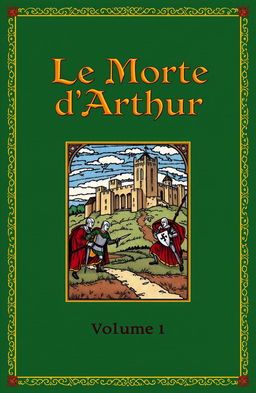 A book cover design for 'Le Morte d'Arthur: Volume 1' by Sir Thomas Malory, featuring an illustrated medieval scene with knights and a castle in the background