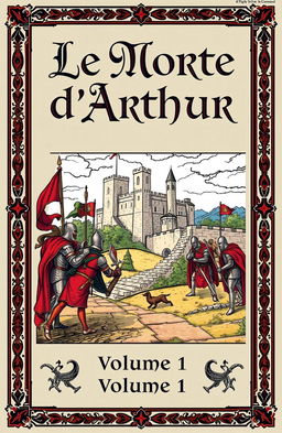 A book cover design for 'Le Morte d'Arthur: Volume 1' by Sir Thomas Malory, featuring an illustrated medieval scene with knights and a castle in the background