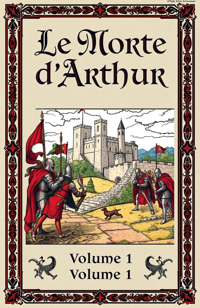 A book cover design for 'Le Morte d'Arthur: Volume 1' by Sir Thomas Malory, featuring an illustrated medieval scene with knights and a castle in the background