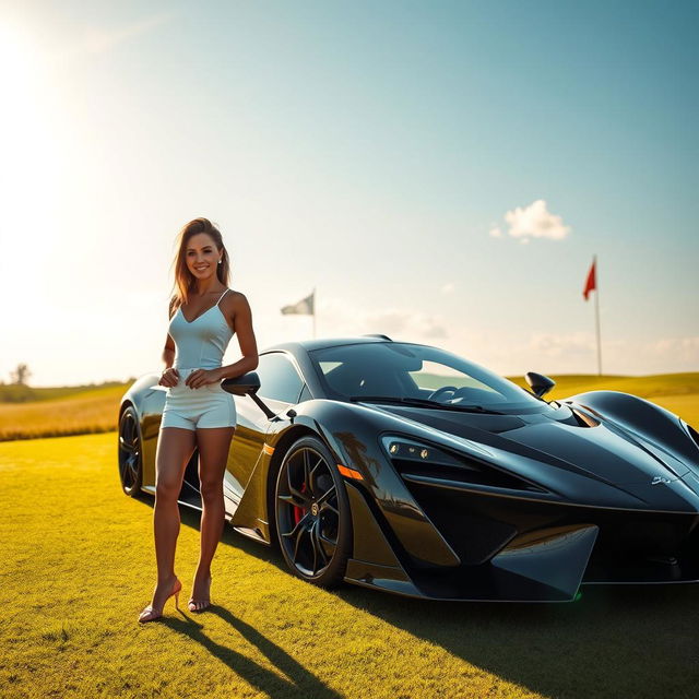 A stunning hypercar showcased on a lush green golf course fairway, with a pretty woman in stylish white shorts standing confidently next to the vehicle